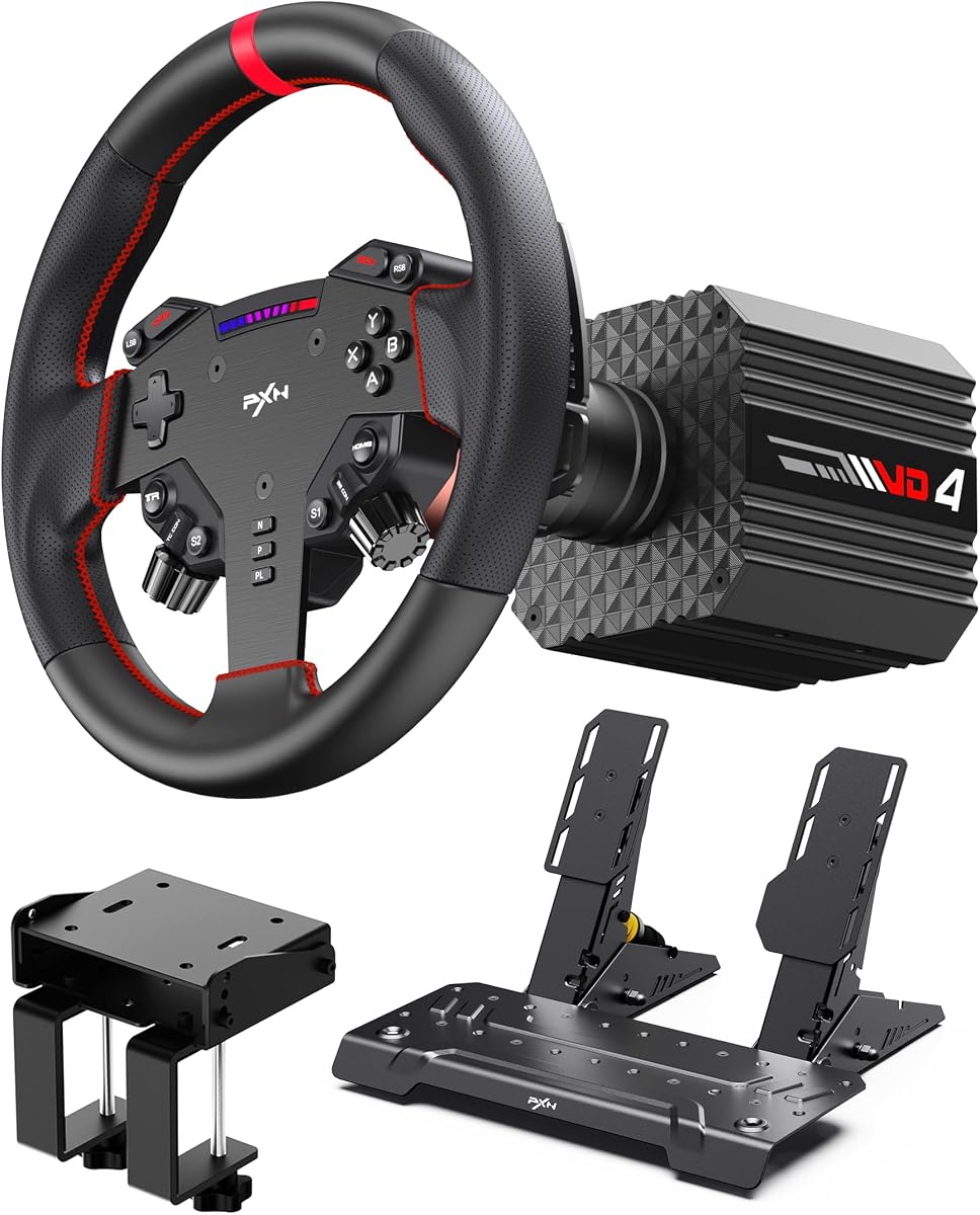 PXN VD4 Direct Drive Racing Wheel Bundle, 4Nm Force Feedback, for Windows | Servo Motor, 11 in Wheel with Quick Release, Hall Effect Pedals, Table Clamp, PC Tuning Software Support