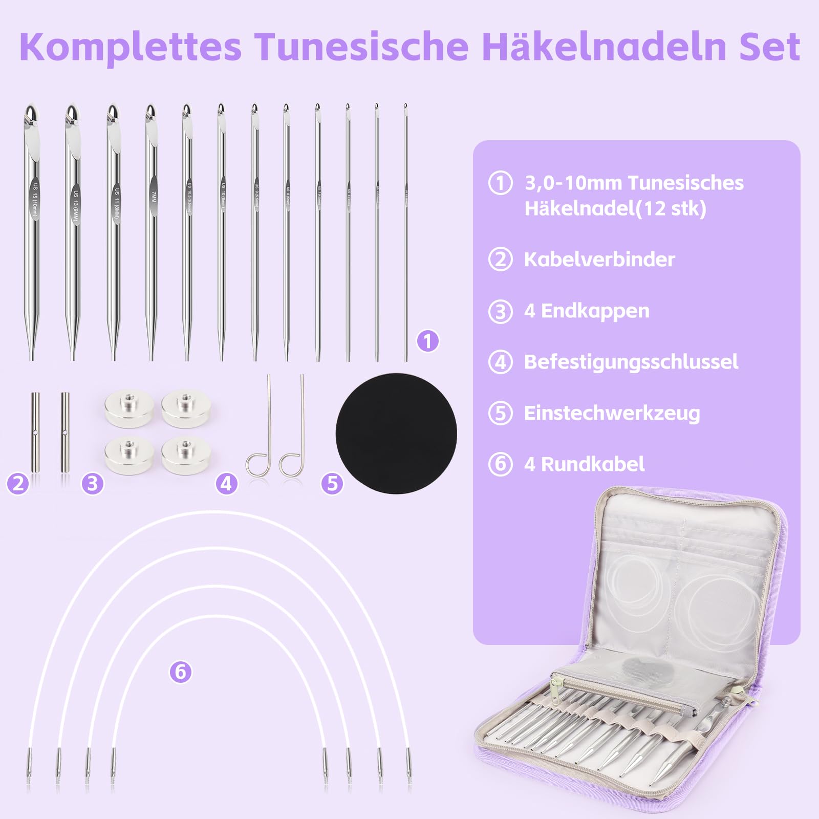 Set Uncinetti Tunisini Intercambiabili Aeelike – 12 Misure 3-10 Mm, 4 Cavi, Accessori Inclusi - 2