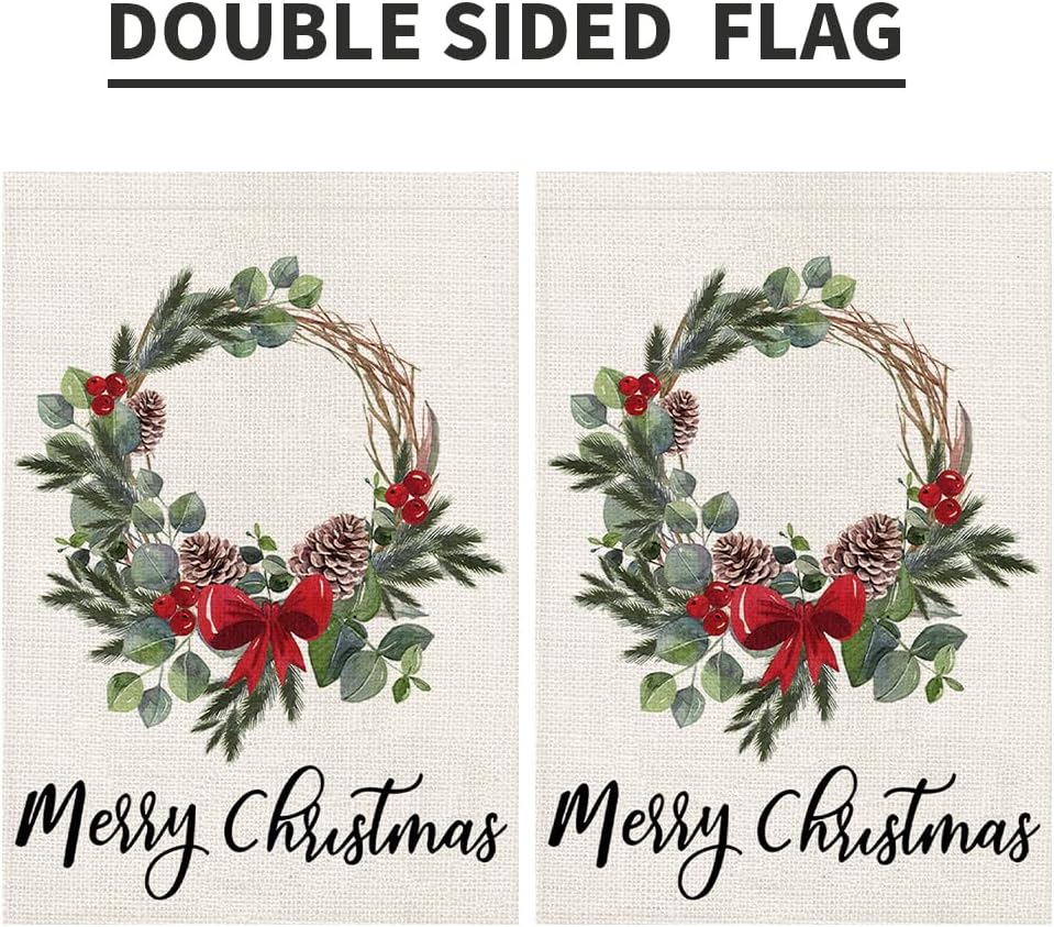 Merry Christmas Wreath Garden Flags 12x18 Double Sided Burlap, Winter Welcome Xmas Decorations Seasonal Sign Small Flag for Holiday Party Farmhouse Outdoor Yard Lawn DF616 - Image 8