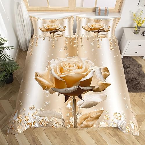 Miniatura 5 de Manfei Juego de funda de edredón de color rosa champán, tamaño matrimonial, juego de ropa de cama de 3 piezas con purpurina champán para decoración