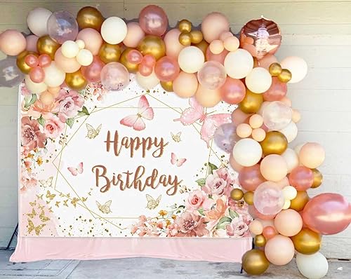 Miniatura 9 de Sensfun Telón de fondo floral de feliz cumpleaños para mujeres y niñas, mariposa rosa, fiesta de cumpleaños, fondo de fotografía, flores en