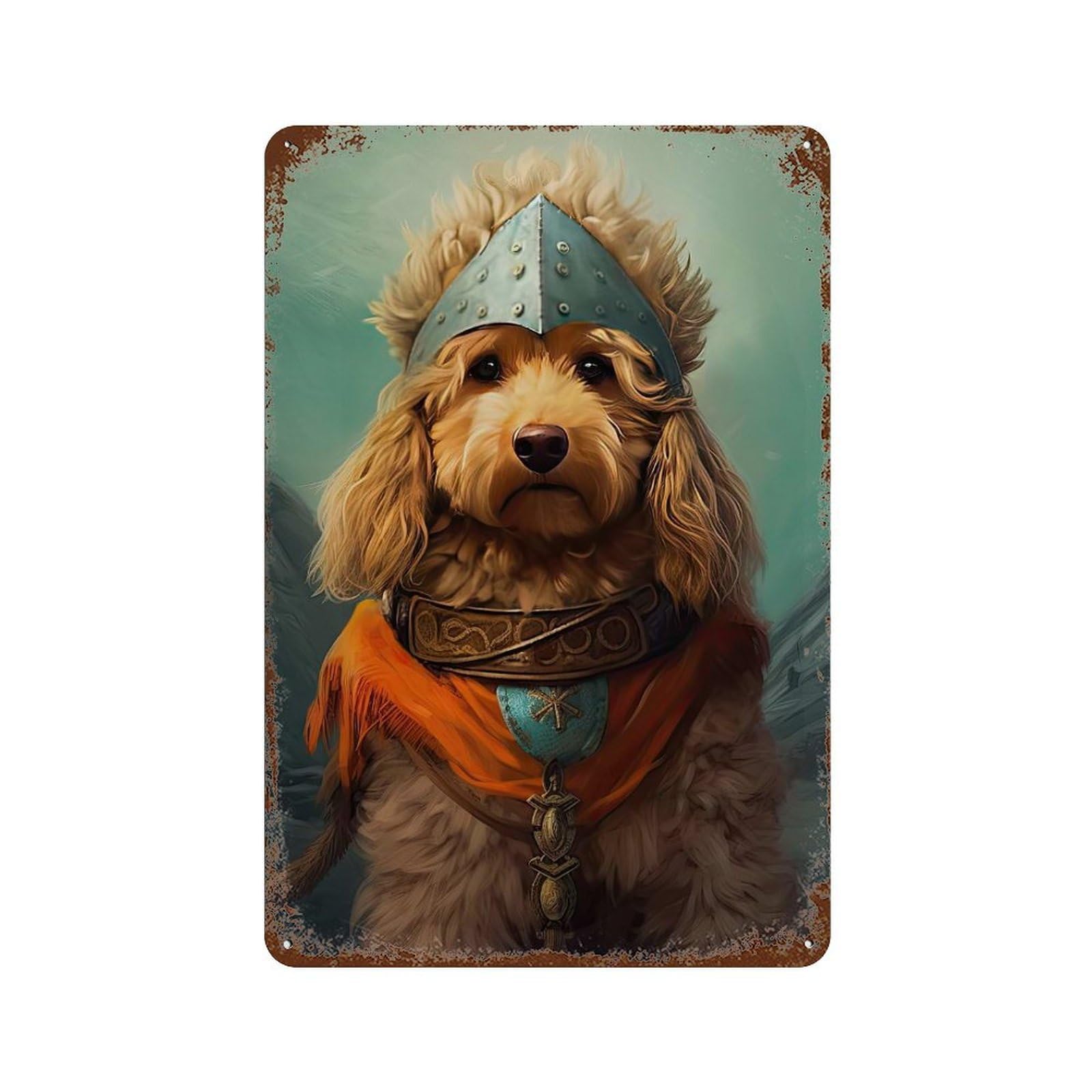 Rust Effect Goldendoodle Viking Weathered Tin Sign 11.8"x7.9", Shabby Chic Decor for Cafe, Home Bar And Lounge Decor