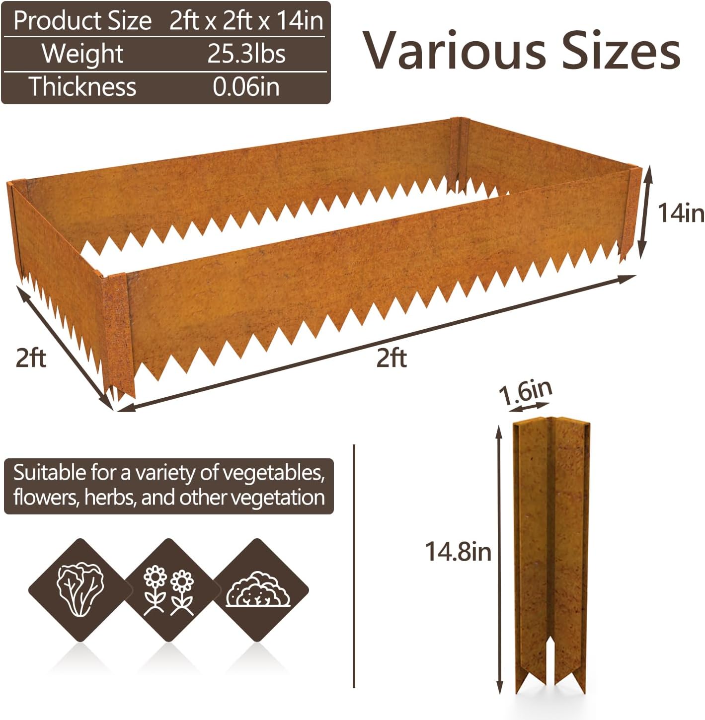 Cor-Ten Steel Raised Planter with Rust Patina Finish, Pre-Rusted Cor-Ten Raised Garden0 Bed Kit,2FT x 2FTx 14IN
