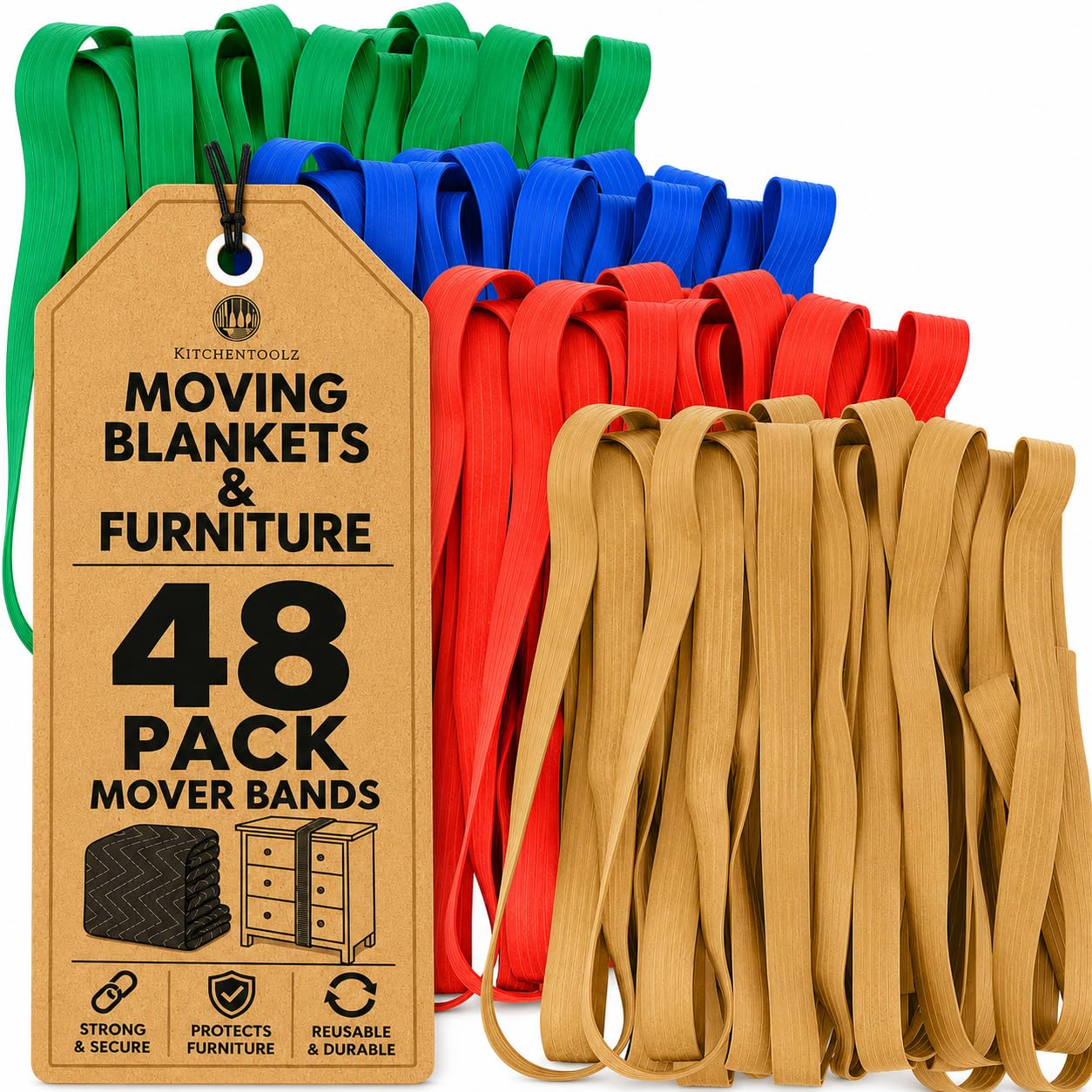 kitchentoolz 48 Pack Mover Bands – Extra Large Rubber Bands for Furniture &amp; Moving Blankets – Heavy-Duty Stretch Bands in 4 Sizes (25", 30", 36", 42")