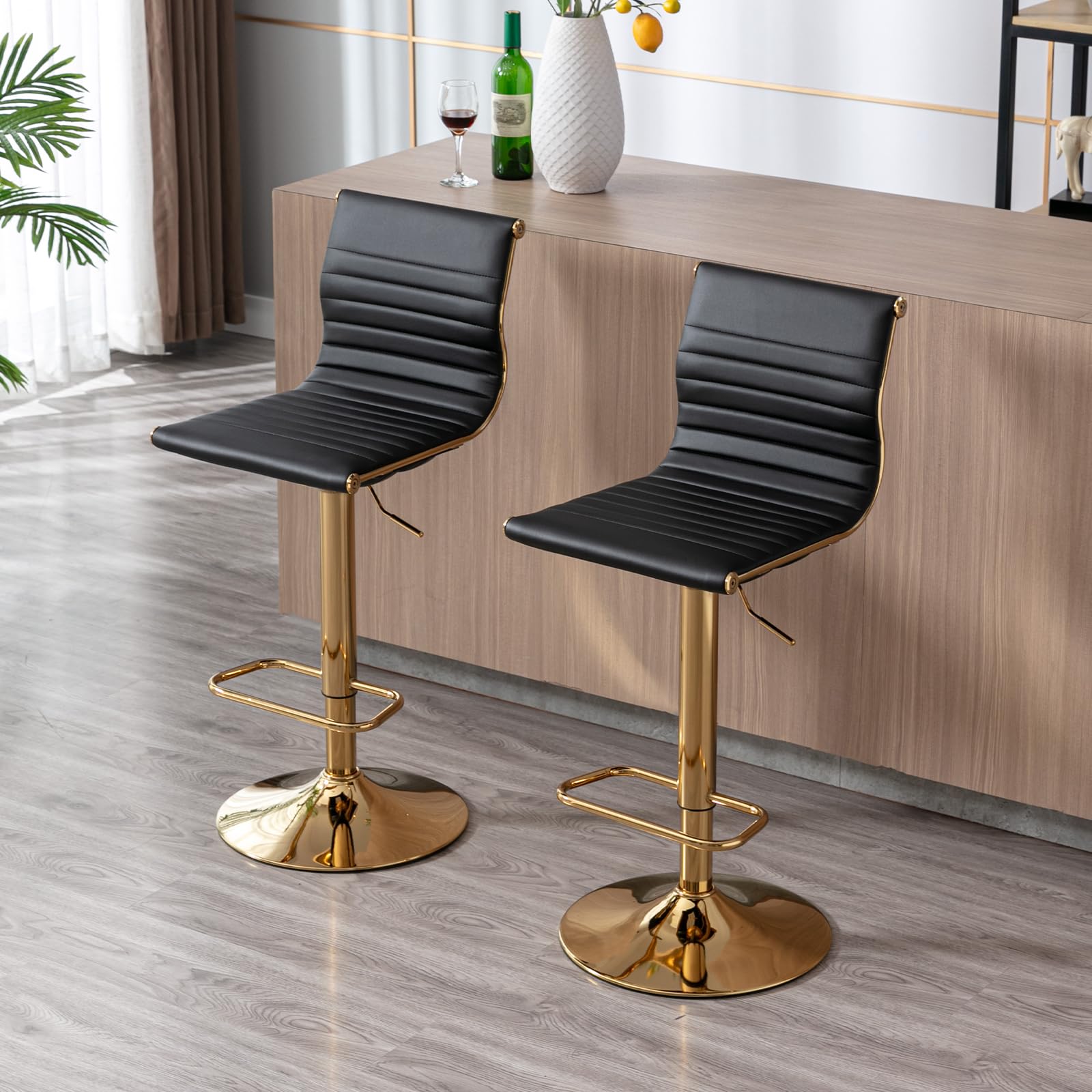 chairus 2X Taburetes de Bar Giratorios Sillas Altas de Cocina Ajustable Moderanas,Taburetes de Mostrador Tapizado en Cuero Artificial Desayuno Bar con Base Dorada para Hogar/Restaurante,Negro