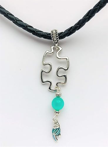 Miniatura 5 de Blue Parrot Bird, Puzzle, Fiber Glass Necklace Sterling Silver Chain Ends Black Leatherette