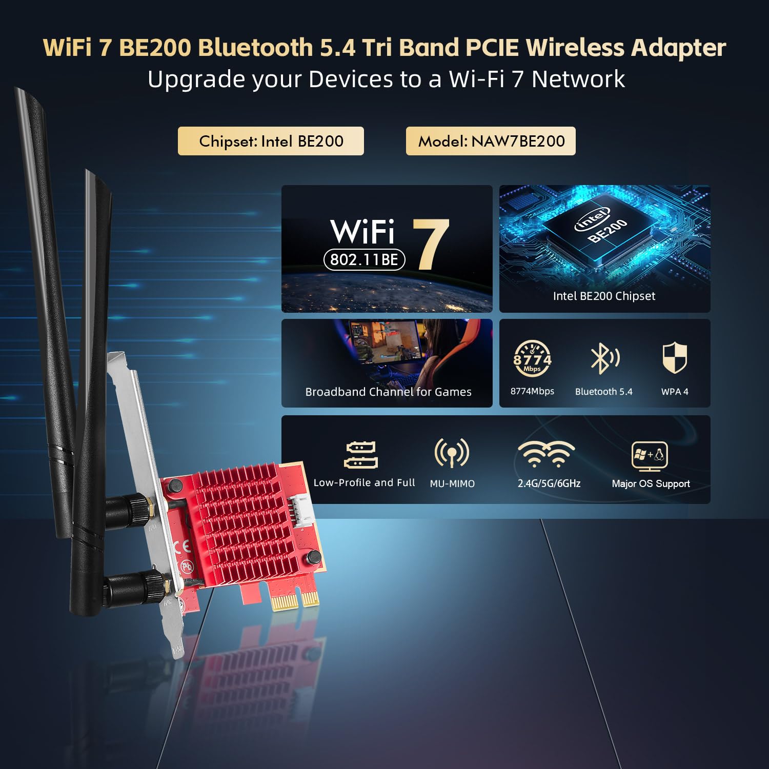 Binardat WiFi7 BE200 PCIe WiFi Network Adapter, Intel BE200NGW Bluetooth 5.4 Chip, 8774Mbps Tri-Band 2.4GHz/5GHz/6GHz OFDMA & MU-MIMO, pour Windows 10/11