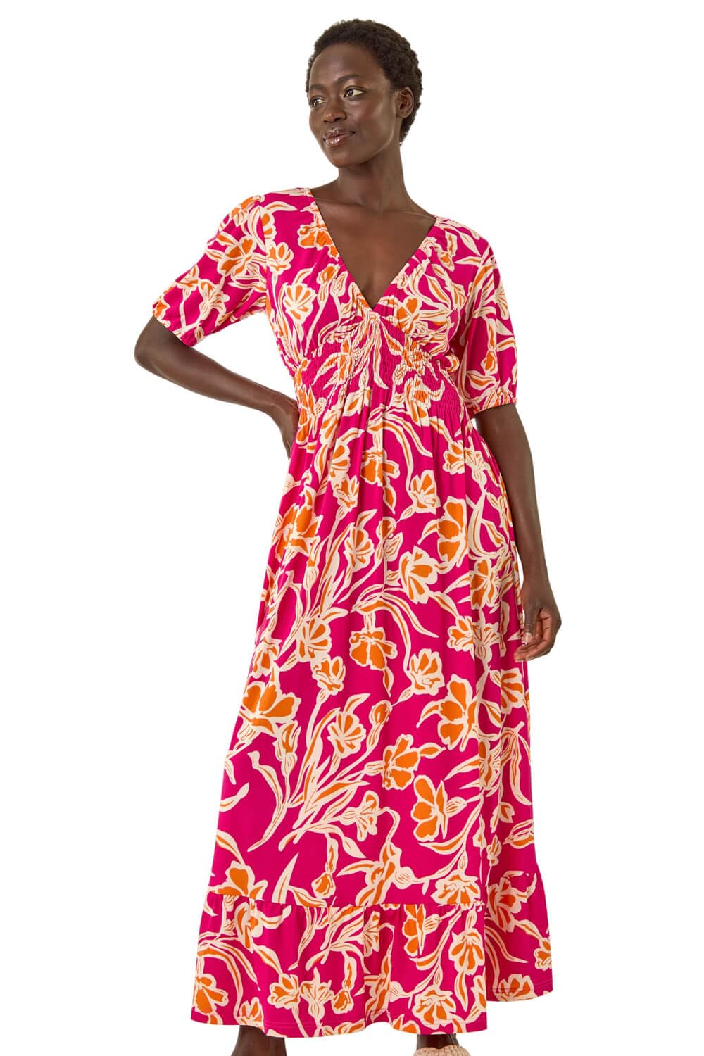 Roman Originals Women's Pink Floral V-Neck Shirred Maxi Dress For Uk - Everyday Holiday Spring Summer V-Neckline Comfy Soft Evening Vacation Work Party - Size 12