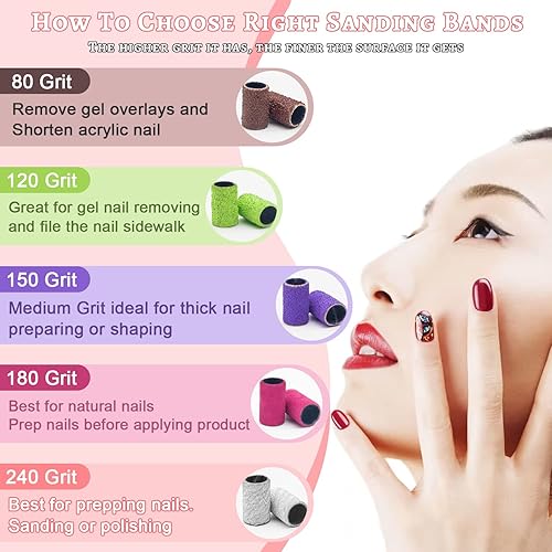 Miniatura 9 de Bandas de lijado de grano 150 para taladro de uñas, 100 bandas de lijado de grano medio para taladro de uñas con broca de lijado de 332 pulgadas