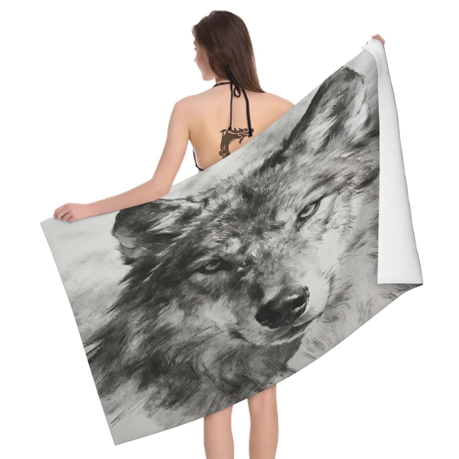 Leichong 3D Cartoon Wolf Beach Towel Large Microfiber Soft Quick Dry for Adults, Art Style Bath Towel Lightweight Soft Absorbent for Travel Swimming Pool Sports, 80 x 160 cm