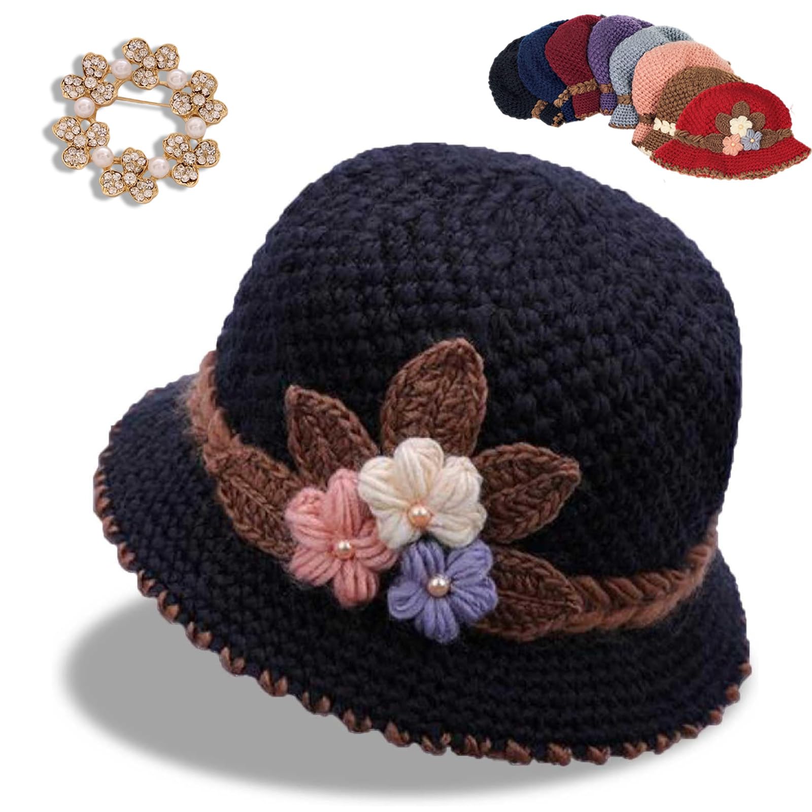 HOPASRISEE Women's Flowers Knitted Woolen Hat, Women's Classic French Beret Warm and Windproof Knitted Crochet Flower Knitting Hat, Breathable Knit Skullcap Ladies Winter Hats (Black)