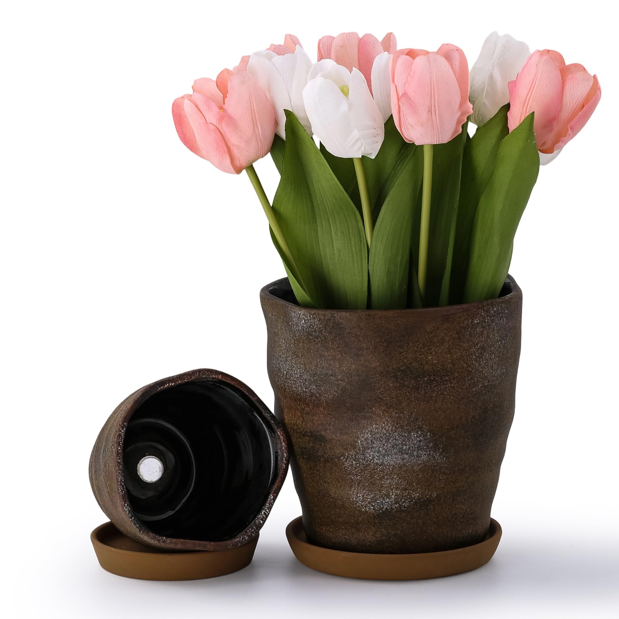 Zestaw 2 doniczek ceramicznych z otworem drenażowym i spodkiem, do użytku wewnątrz i na zewnątrz, duża okrągła doniczka na sukulenty storczyk, farba cementowa, doniczki wewnętrzne nie