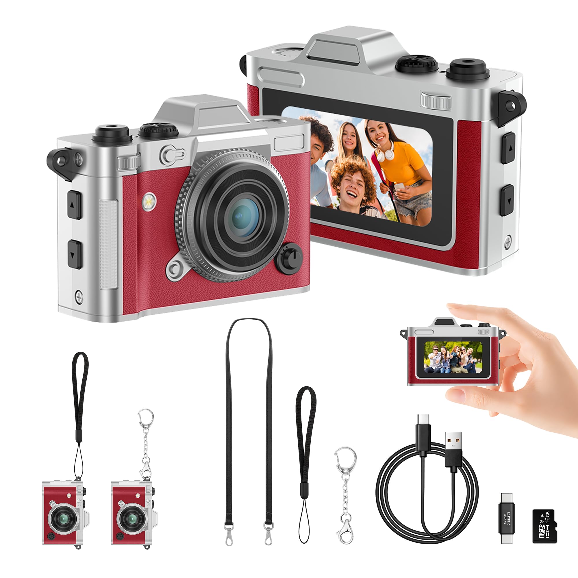 Retro Keychain Camera, 2K HD Mini Digital Pocket Camera with 16GB Card, Small Portable Vintage Camera for Kids and Adults, Wearable Tiny Video Recorder for Travel, Camping and Parties, Red