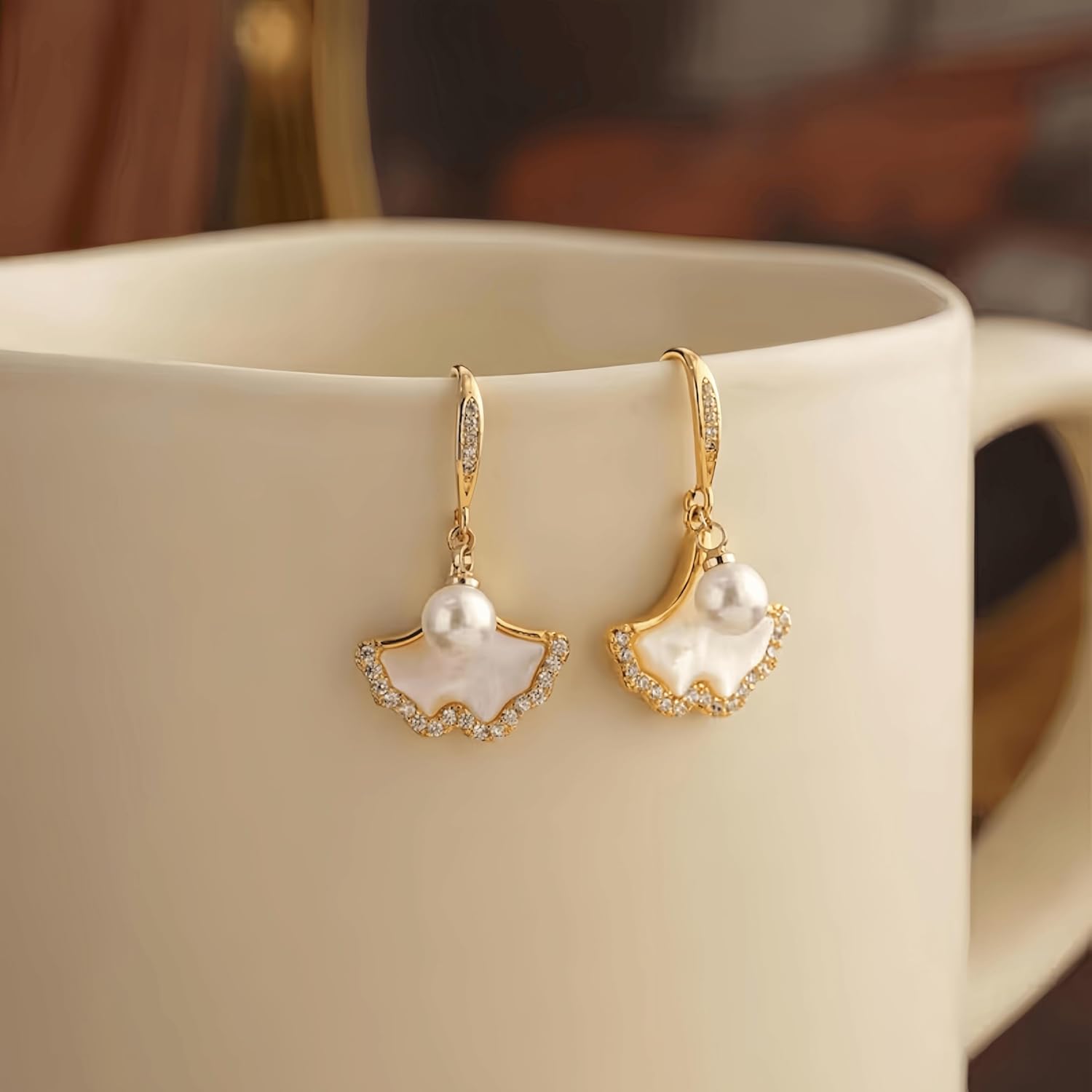 Natural Freshwater Pearl Leaf Earrings - 18K Gold Plated Sterling Silver Pearl Drop Earrings, Hypoallergenic Mother of Pearl & Cubic Zirconia Earrings for Women - Image 3