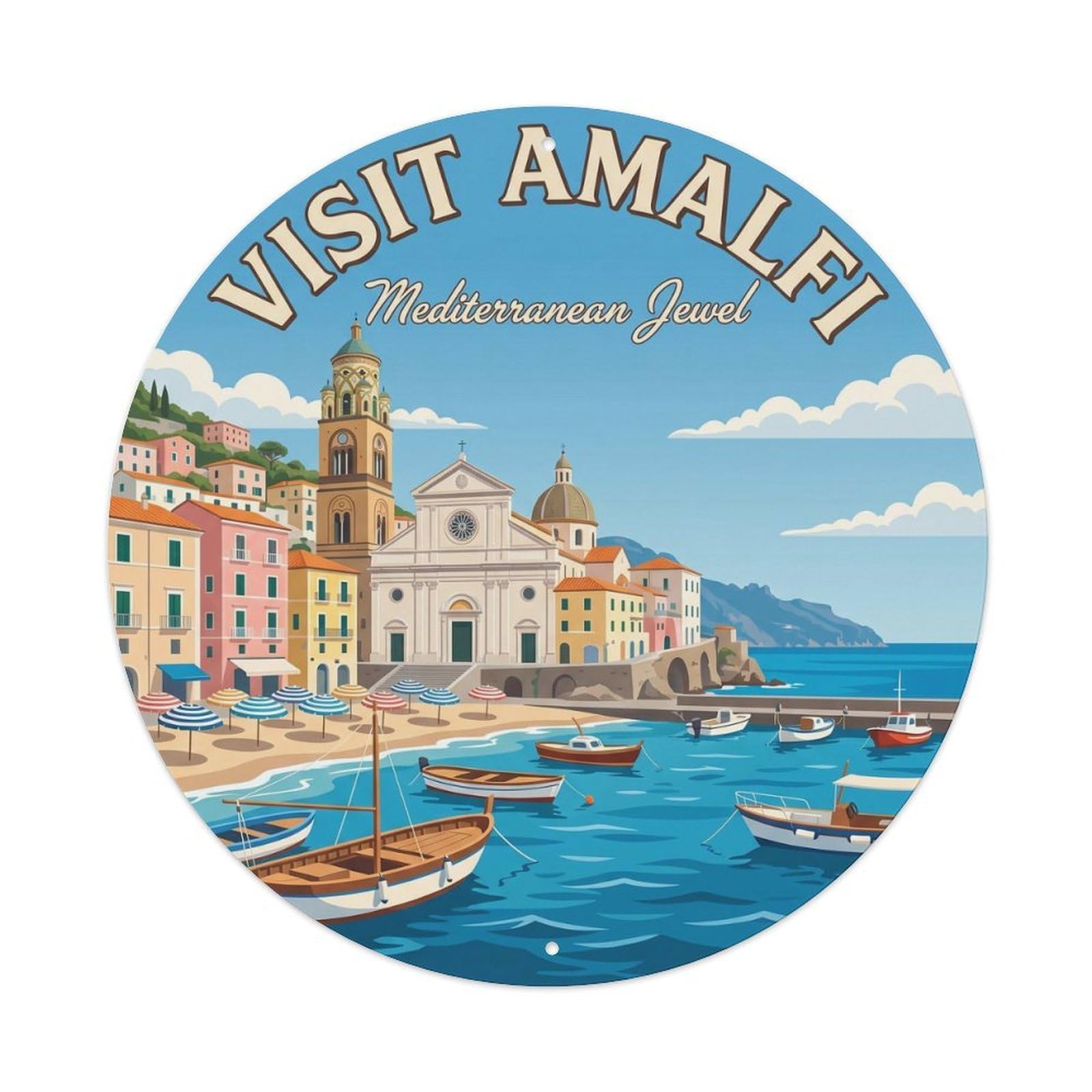 Vintage Travel Amalfi Waterfront Historic Landmark Metal Tin Sign Plaque Wall Decor for Cafe, Club, Garden Round Metal Poster 8x8Inch