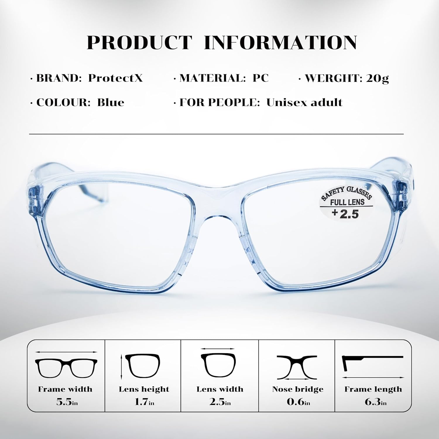 ProtectX Stylish Anti-Fog & Scratch-Resistant Safety Glasses With Readers, UV Protection Goggles, Anti-Impact Lightweight Glasses for Men＆Women 2.5-2 Pack,Blue