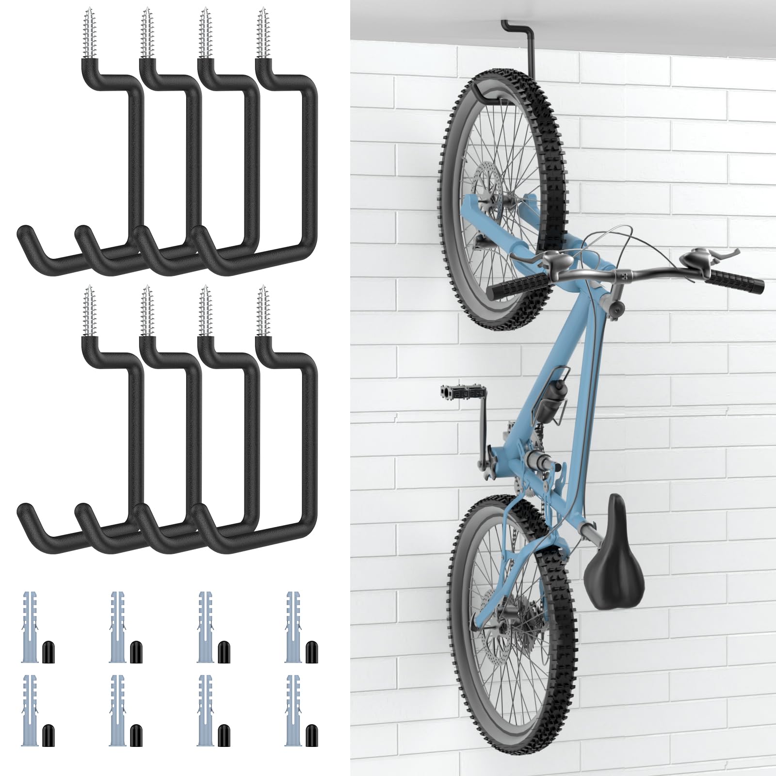 Housolution Screw in Bike Hooks, 8-inch for Wall and Ceiling, [8 Pack] Loading Capacity 75 LBS with Anti-Slip Coating, Heavy Duty Garage Storage Hooks for Bicycle, Foldable Chair, Ladder