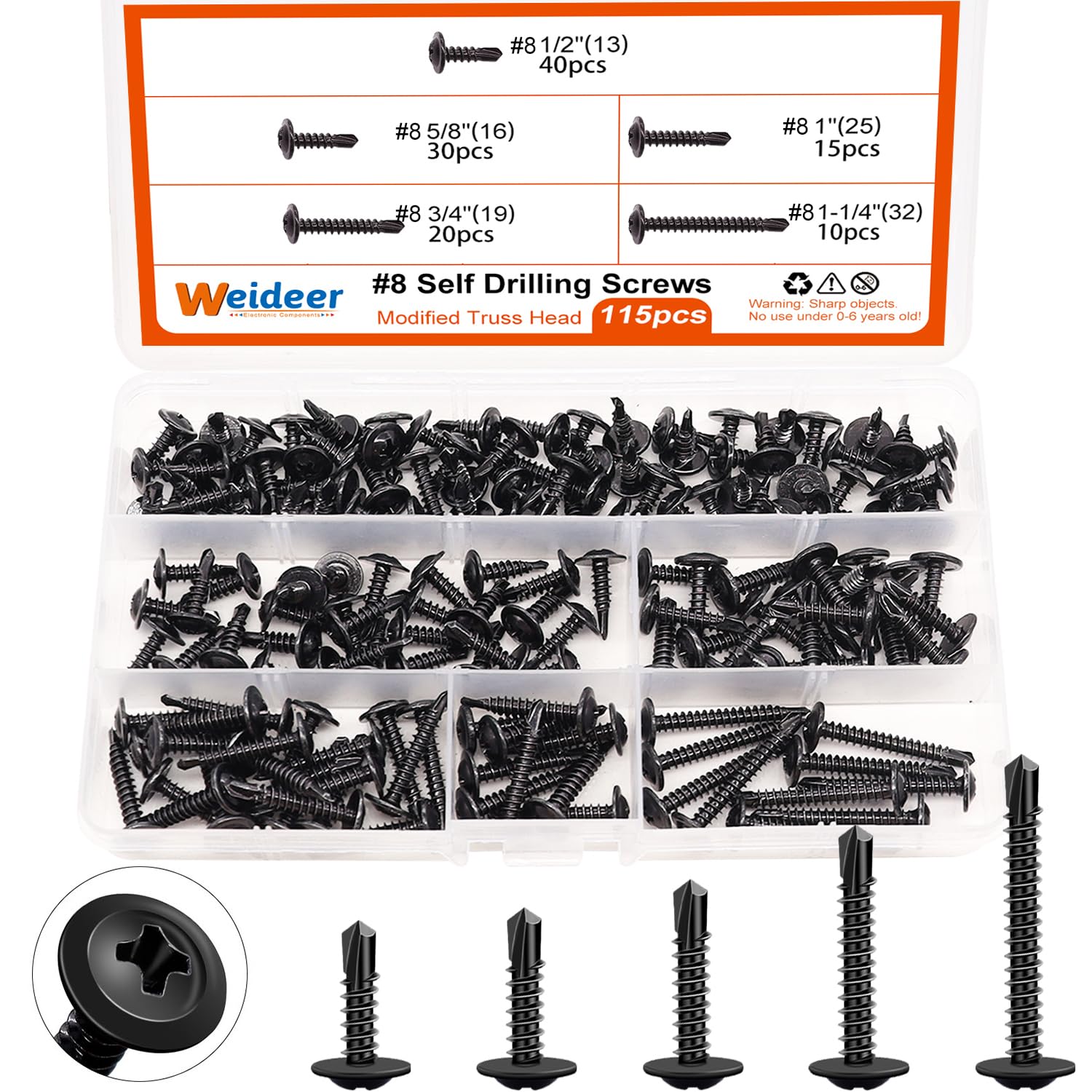 weideer 115pcs #8 Self Tapping Screws Sheet Metal Screws 410 Stainless Steel Truss Head Self Drilling Screws High-Strength Quick Tapping Screws (1/2" to1-1/4) K-055-115P
