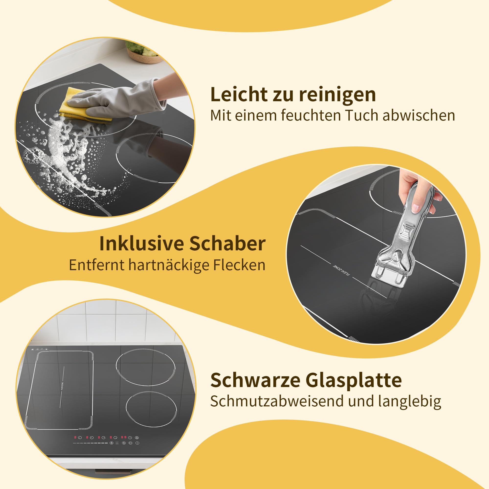 Induktionskochfeld 60 cm mit Stecker, 4 Platten Flexzonen, Boost-Funktion, 9 Leistungsstufen, Timer