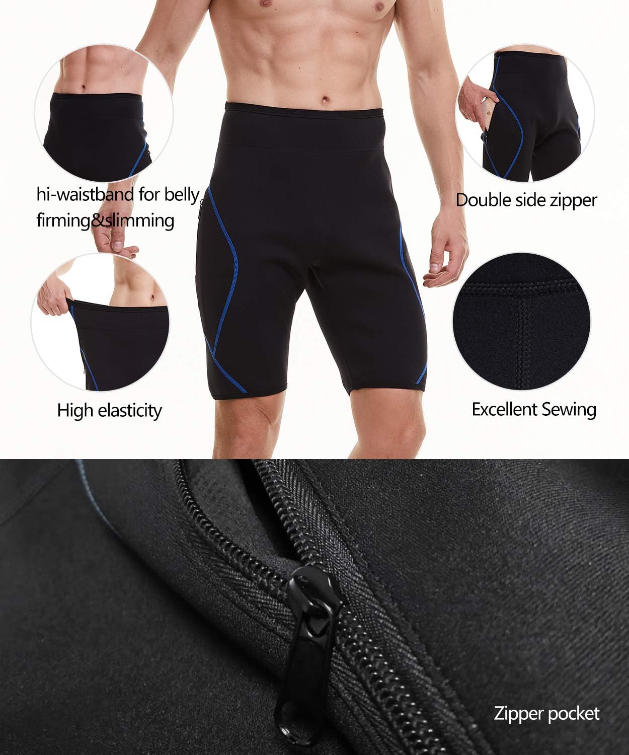 NonEcho Mens Neoprene Sauna Sweat Workout Compression Shorts Body Shaper Slimming Yoga Pants with Zipper Pocket - Image 3