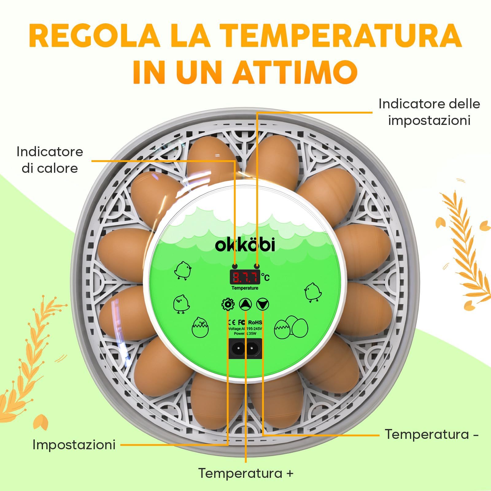 Okkobi M12 - Incubatrice per uova automatica con Girauova Automatico e Controllo Umidità - Incubatrice uova gallina - 12/24 uova, vista a 360°, facile da usare e pulire - Bianco e verde