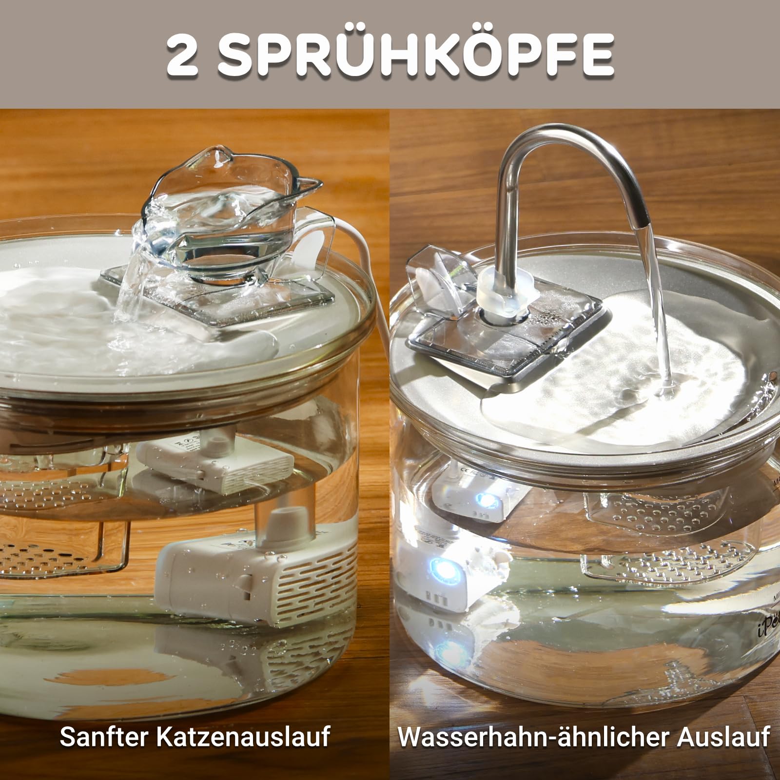 iPettie G01 Glas Katzenbrunnen, Trinkbrunnen für Katzen und Hunde 2L/68oz mit 2 Sprühaufsätzen, 3-stufiger Filtration, Automatischer Wasserspender aus Glas & Edelstahl
