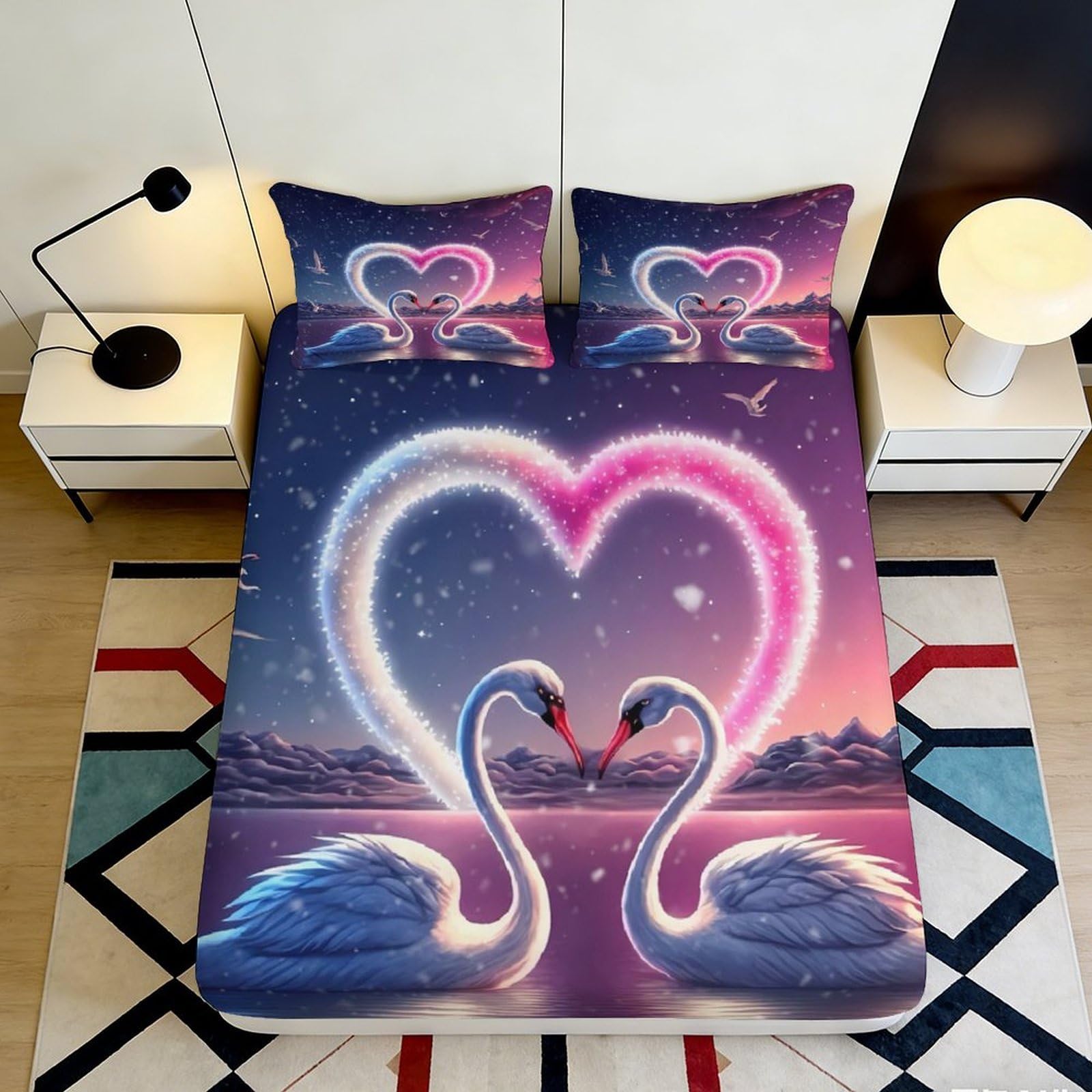 3D Printed Swan Heart Fitted Sheet Microfiber Anti-Slip Bedroom Decor Mattress Cover for Home Guest Room 90x200x25cm