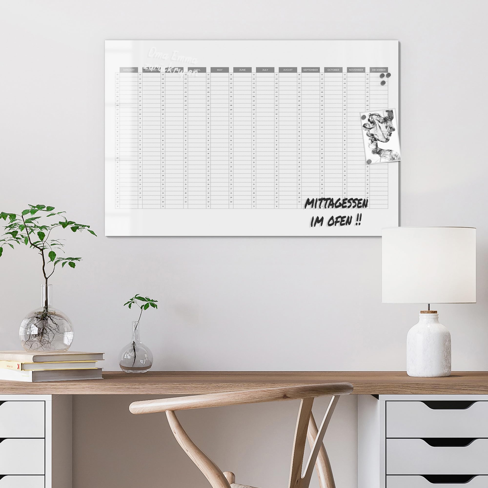 DEQORI Lavagna magnetica in vetro | 90 x 60 cm | motivo "Planner annuale bianco (EN)" | Lavagna magnetica con magneti, penna e panno per cucina e ufficio, lavagna magnetica e scrivibile