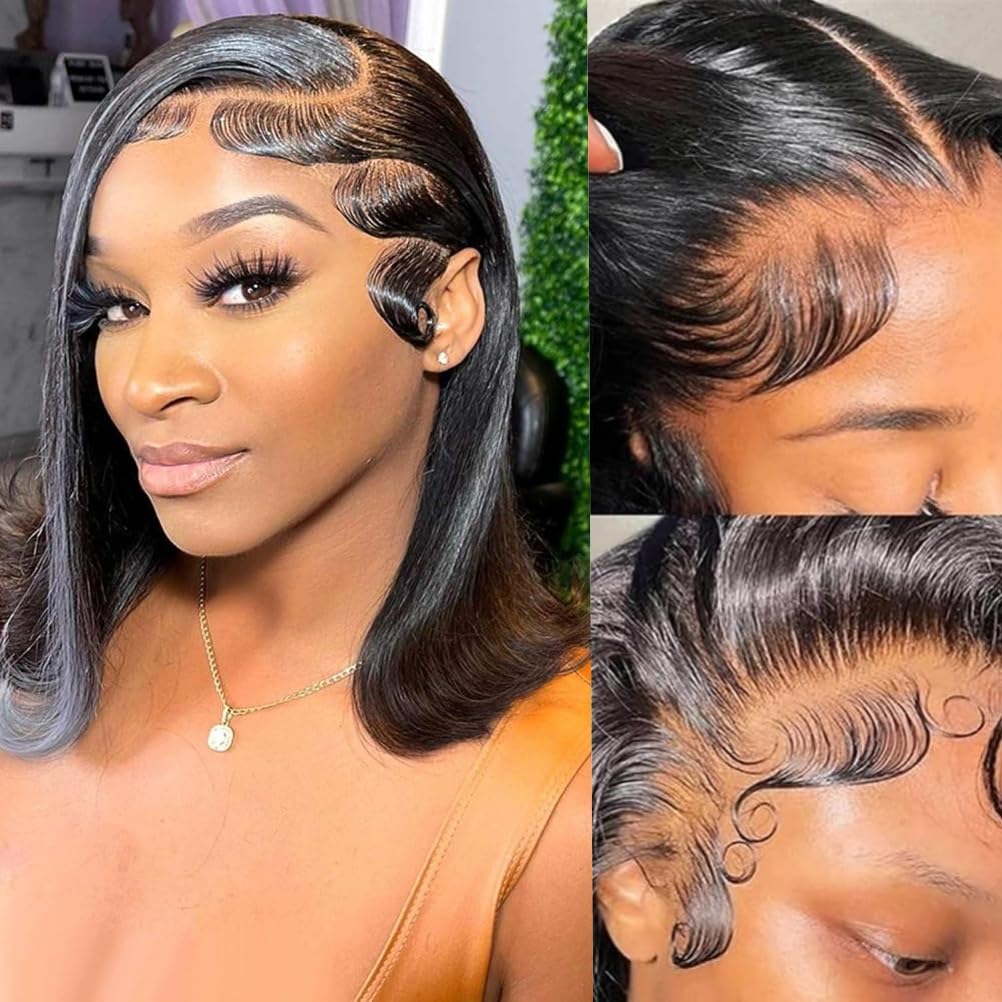 Short Bob Wig Human Hair Straight 13x4 Frontal HD Transparent Lace Front Wigs 100 Percent Real Human Hair Black Bob Wig for Women Pre Plucked 180% Density Natural Color 16 Inch