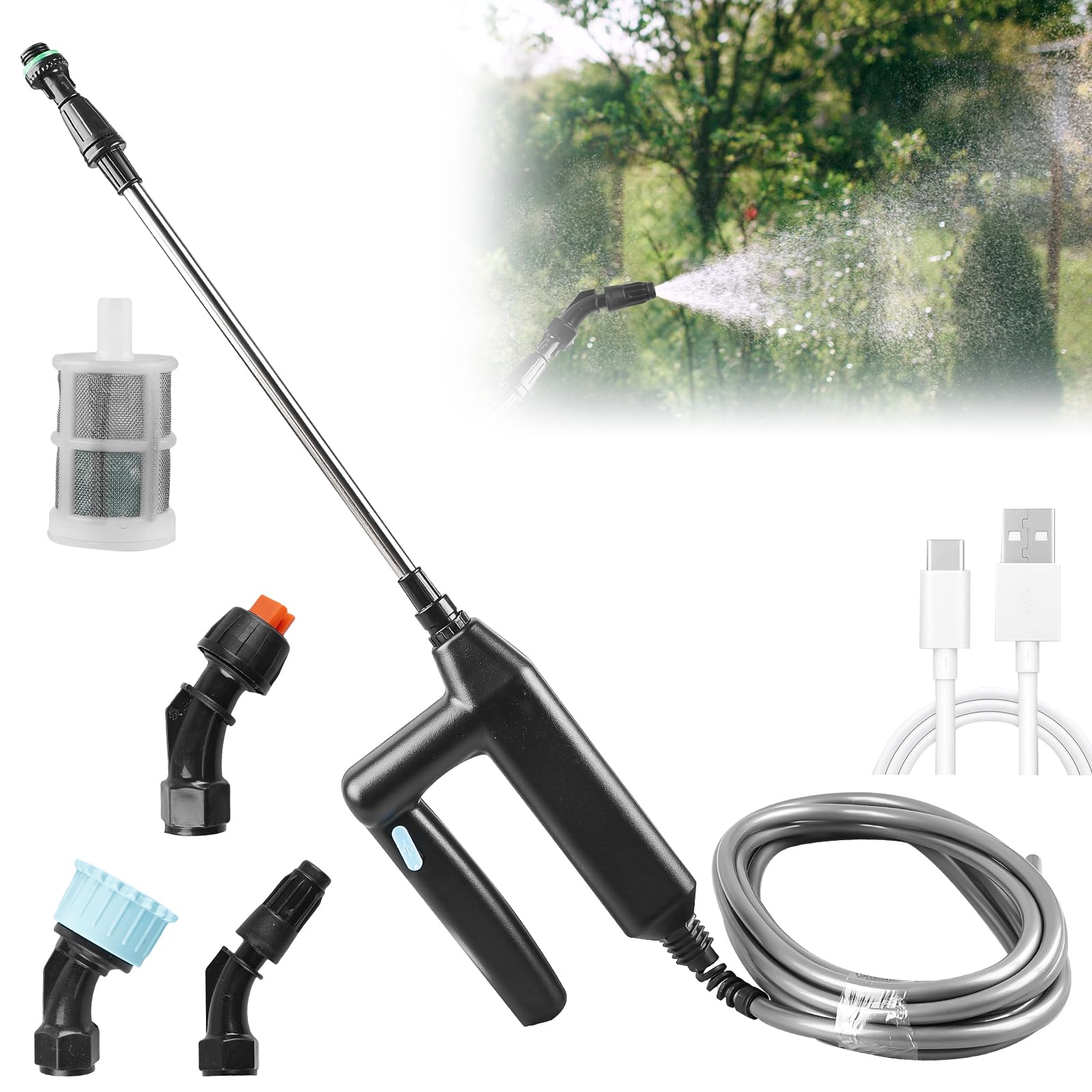 Spruzzatore elettrico per piante, a batteria, ricaricabile e portatile, con asta telescopica da 23,6 pollici, tubo da 5 m e 3 ugelli per giardino, terrazza, prato ed erbacce