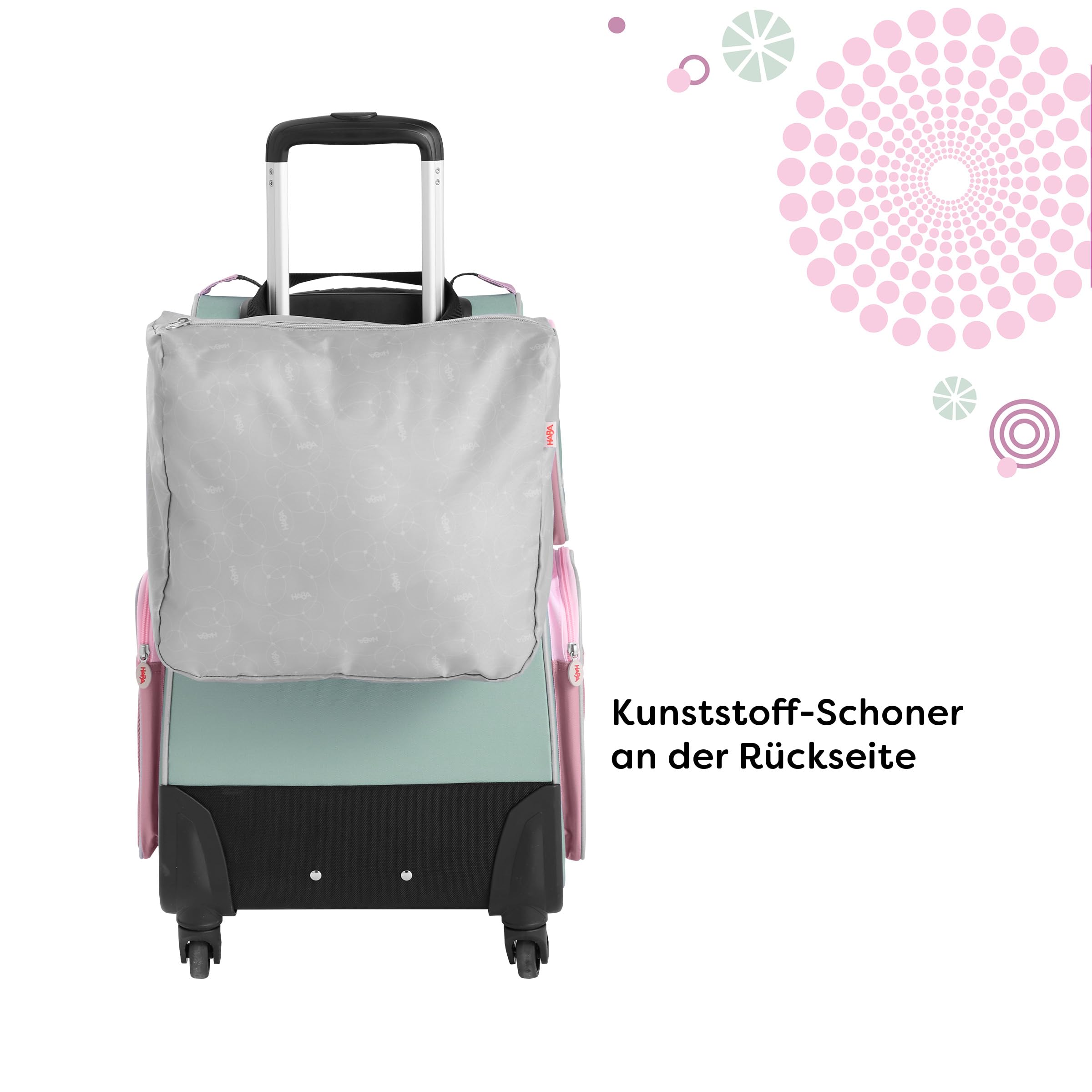 HABA Valise armoire enfant - Valise enfant en polyester recyclé + sac à linge sale, 3 tablettes amovibles, 4 poches extérieures et 4 roulettes - A partir de 5 ans - 1442797001, Sauge, Mittelgroß
