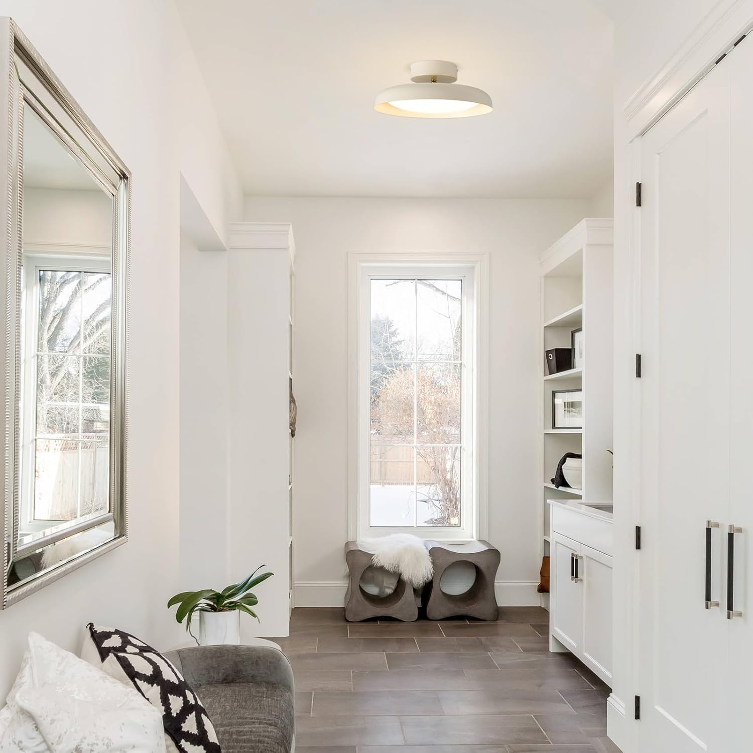 BISAMIYA Modern LED Ceiling Light, Brass Accent 12.6 Inch Semi Flush Mount Ceiling Light, Adjustable Angle Light Fixture, 3000K/Warm White/18W, for Hallway, Entryway, Kitchen Cream