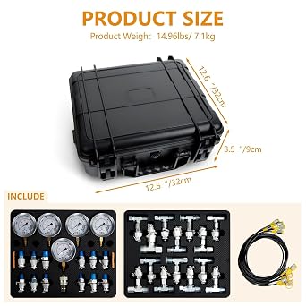 Hydraulic Pressure Test Kit,600bar /8700psi / 60mpa 5 Gauges 13 Test Couplings 14 Tee Connectors 5 Test Hoses, Hydraulic Gauge Kit Sturdy Carrying Case for Excavator Construction Machinery Ships Mine