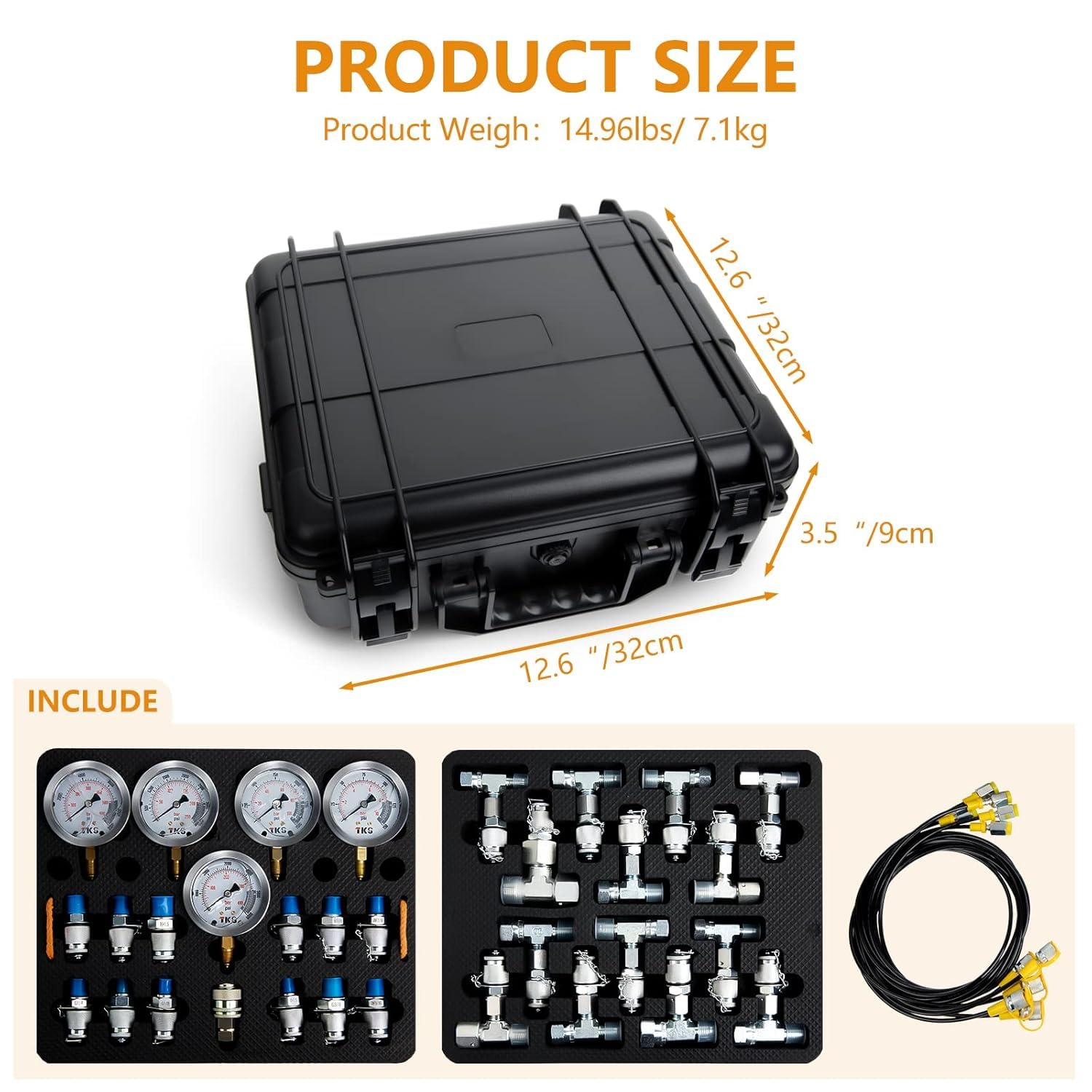 Kit de prueba de presión hidráulica, 600 bar/8700 psi/60 mpa, 5 calibres, 13 acoplamientos de prueba, 14 conectores en T, 5 mangueras de prueba, kit de manómetro hidráulico, funda de transporte
