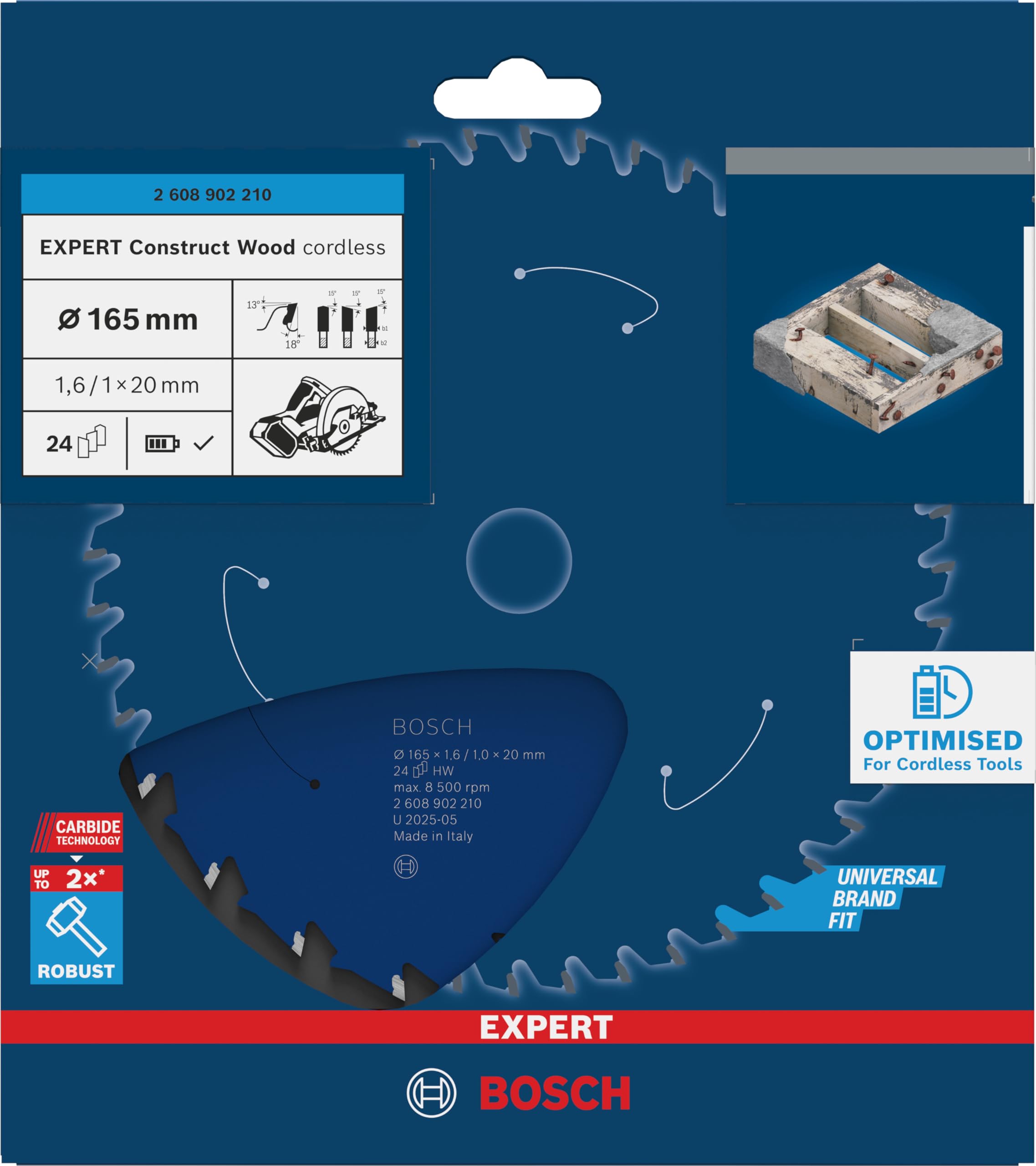 Bosch 1 hoja de sierra circular sin cable de EXPERT Construct Wood para sierras circulares de mano (para madera de construcción con mortero y clavos, diámetro mm, accesorios profesionales, sierras