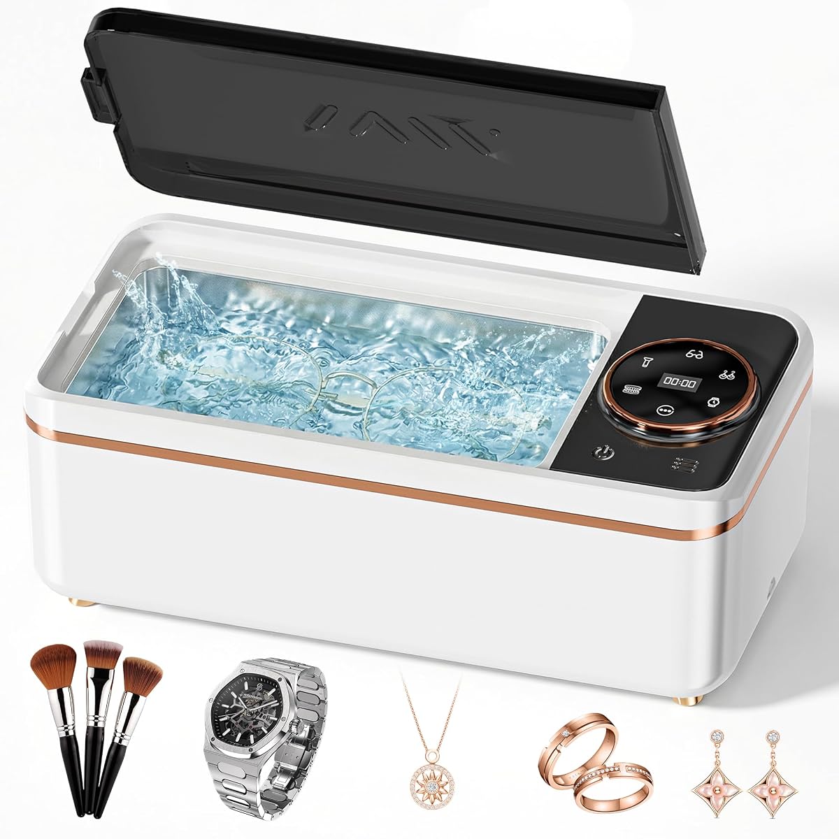 Limpiador ultrasónico de joyas, limpiador ultrasónico profesional de 50 KHz con pantalla, cámara de lavado de gran capacidad de acero inoxidable 304 de 14 oz para collares, anteojos, dentaduras postizas (incluye bolsa de almacenamiento)