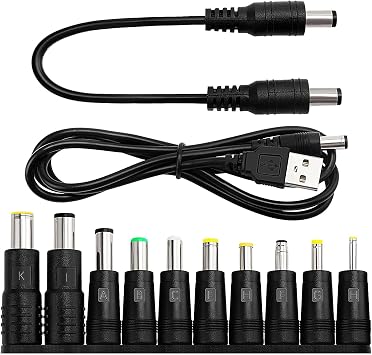 Universal DC Power Adapter Tips Kit, KUOQIY 10-in-1 5.5 X 2.1mm DC Barrel Jack Adapter, with 2 PCS Cable, for Fans, Routers, Desk lamps, Computers