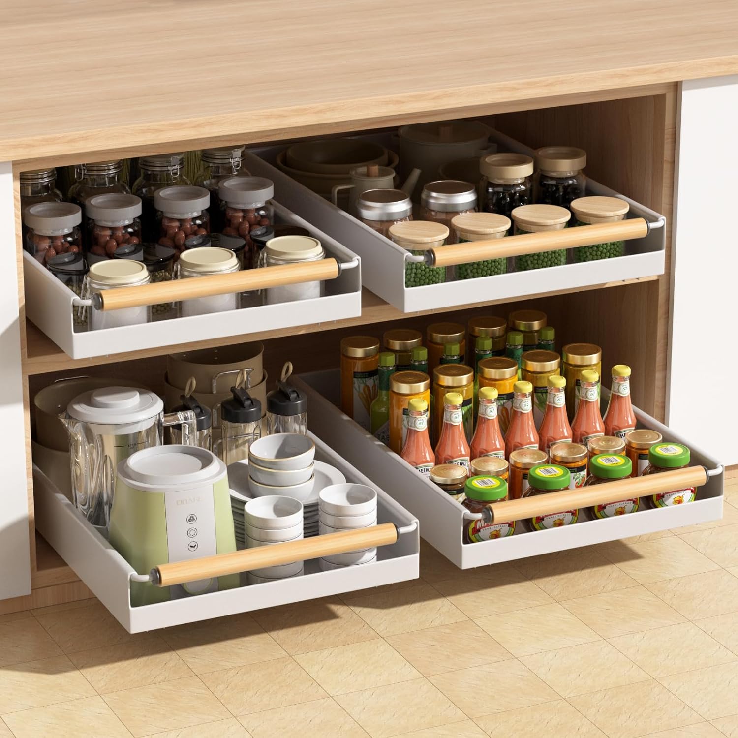 2 Pack Pull out Cabinet Organizer, 16" Deep Pull Out Drawer for Kitchen Cabinets Adhesive with Nano Film, Slide out Cabinet Organizer Shelf for Pantry Bathroom Organization White