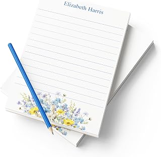 Personalized Floral Notepads 5x7, Custom Name, 2 Pack, 50 Sheets Each | Premium 70# Stationery for To Do Lists, Desk Notes, Gifts for Women | Greeting Choices | Matching Card Option