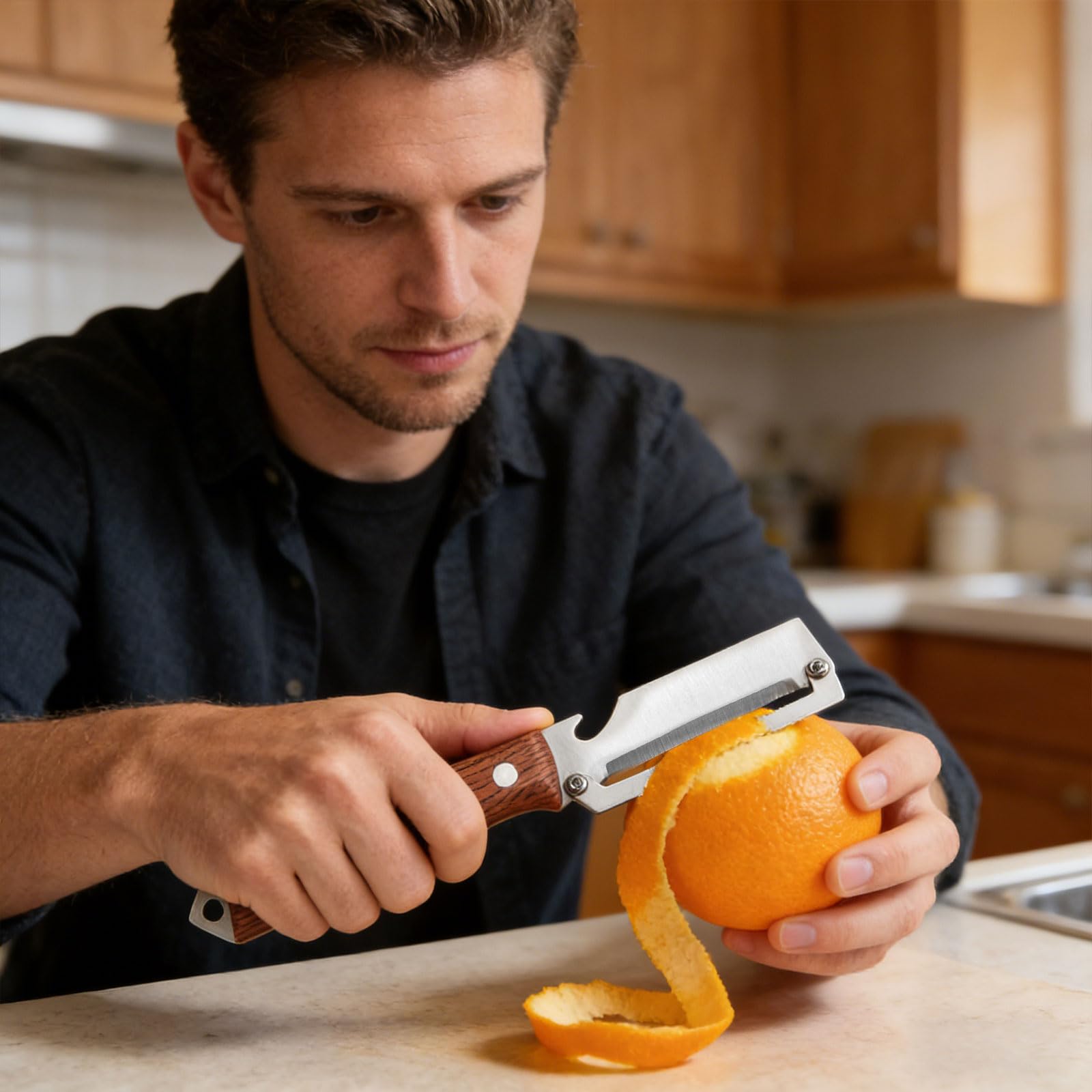 Éplucheur végétale multifonction lame et ouvre bouteille en acier inoxydable ultra tranchant poignée ergonomique antidérapante bois Légumes Manche Bois Massif Décapsuleur Intégré Lame Tranchante - 3