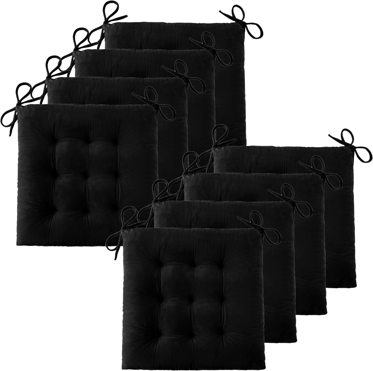ELFJOY Chair Cushions for Dining Chairs Set of 8 Large Seat Cushions for Office Kitchen Chairs Velvet Soft Chair Pads for Desk Chair with Ties (18"x18" Black) Black 18X18 inch