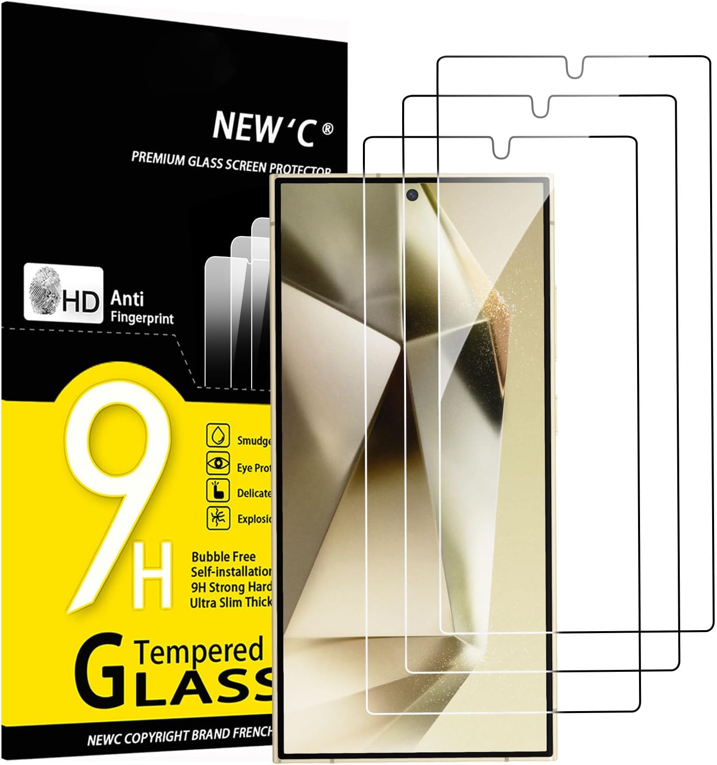 NEW'C Pack of 3 Tempered Glass Screen Protector for Samsung Galaxy S25 Ultra, Anti-Scratch, Anti-Fingerprint, Bubble Free, 9H Hardness, Ultra Transparent, Ultra Resistant