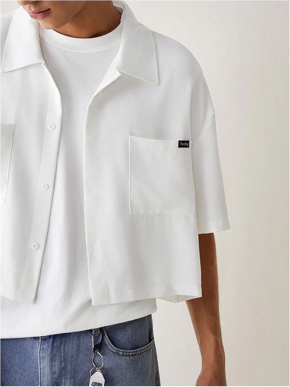 SHENHE Men's Summer Short Sleeve Button Down Crop Shirt Loose Fit Casual Shirt with Pockets - Image 3