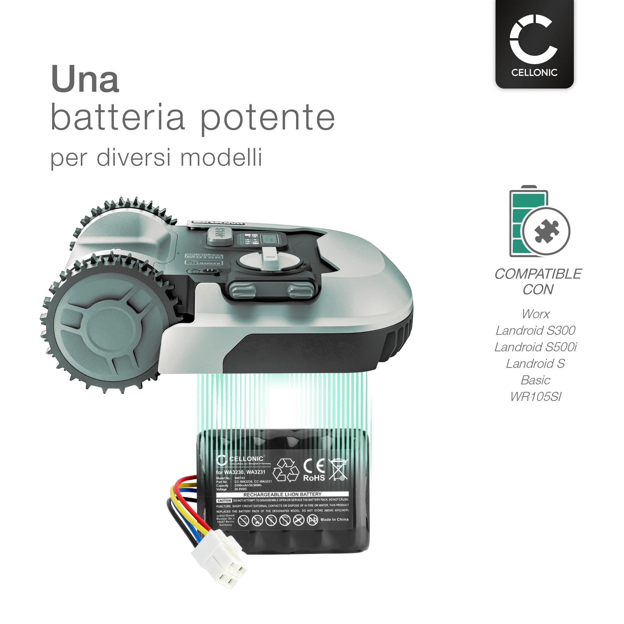 CELLONIC 1x Batteria per Giardino Compatibile con Worx Landroid S300, Landroid S300 2018, WR105SI, WA3230 – (2500mAh, 20V)