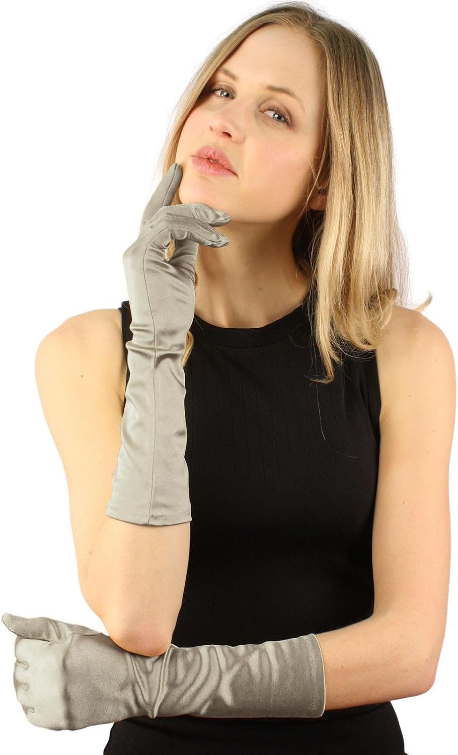 Elegant Satin Shiny Finish Stretchy 15" Evening 3/4 Length Dress Gloves Silver