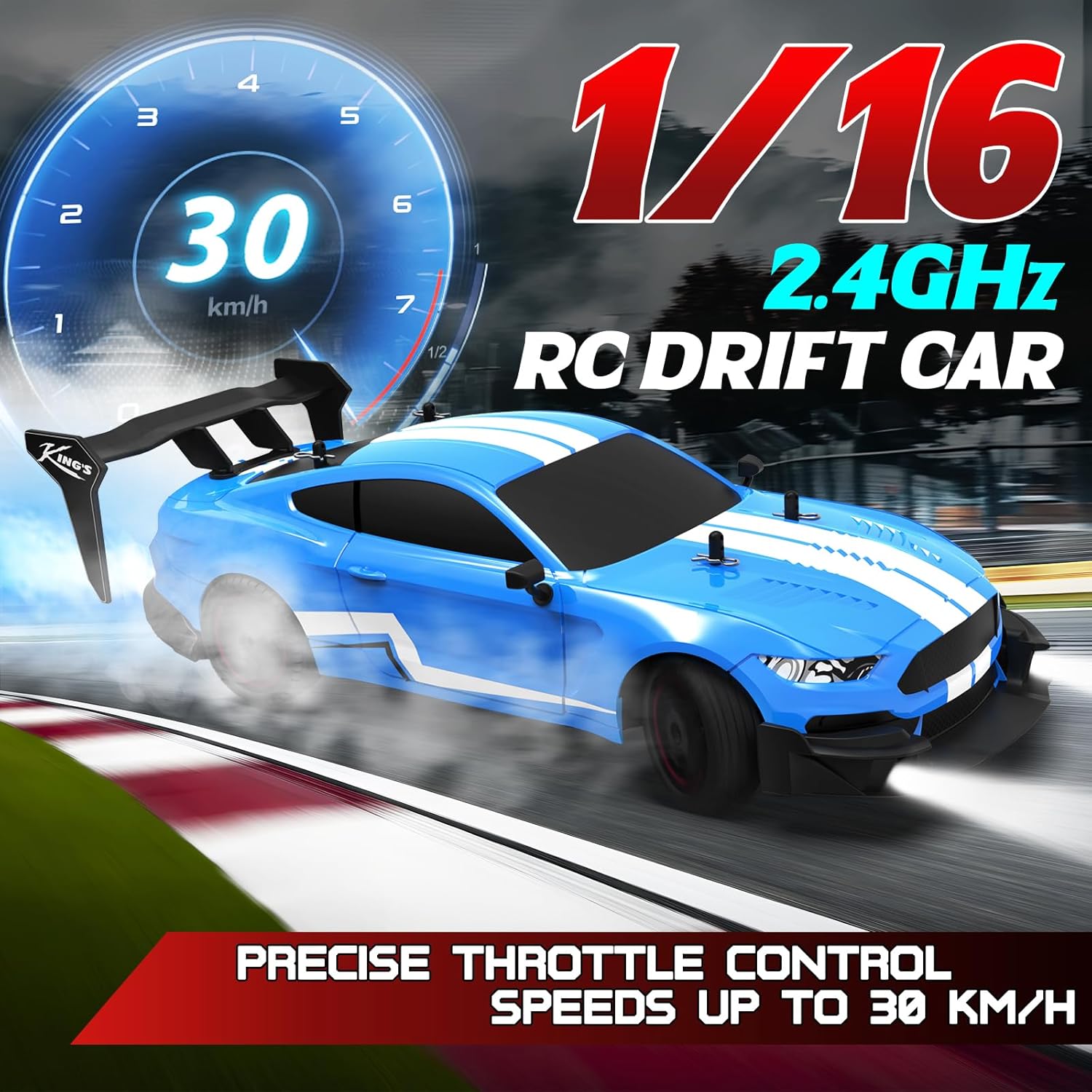 Image of the RC drift car speeding on a track, illustrating its high speed capability