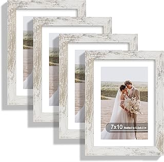 7x10 Picture Frame Set of 4, Made of Real Glass and Distressed White Fra...