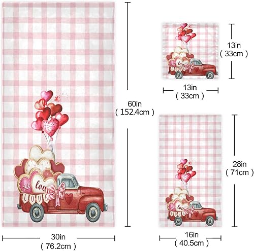 Miniatura 3 de Juego de 3 toallas románticas a cuadros con diseño de corazón rosa con resorte de globo, toallas de baño suaves y absorbentes, toallas de mano,
