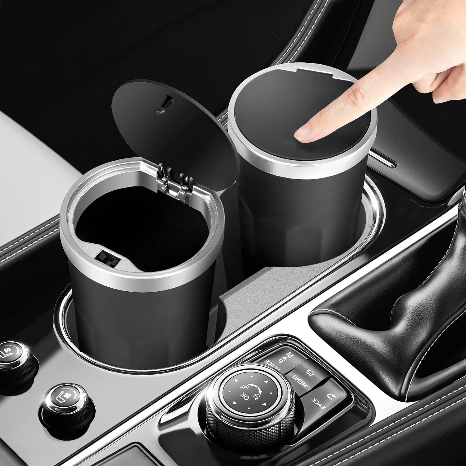 OUDEW Car Trash Can with Push Button Lid, New Car Dustbin Cylindrical Design, Leakproof Vehicle Trash Bin, Mini Garbage Bin for Automotive Car, Home, Office, Kitchen, Bedroom, 1PCS (Black)