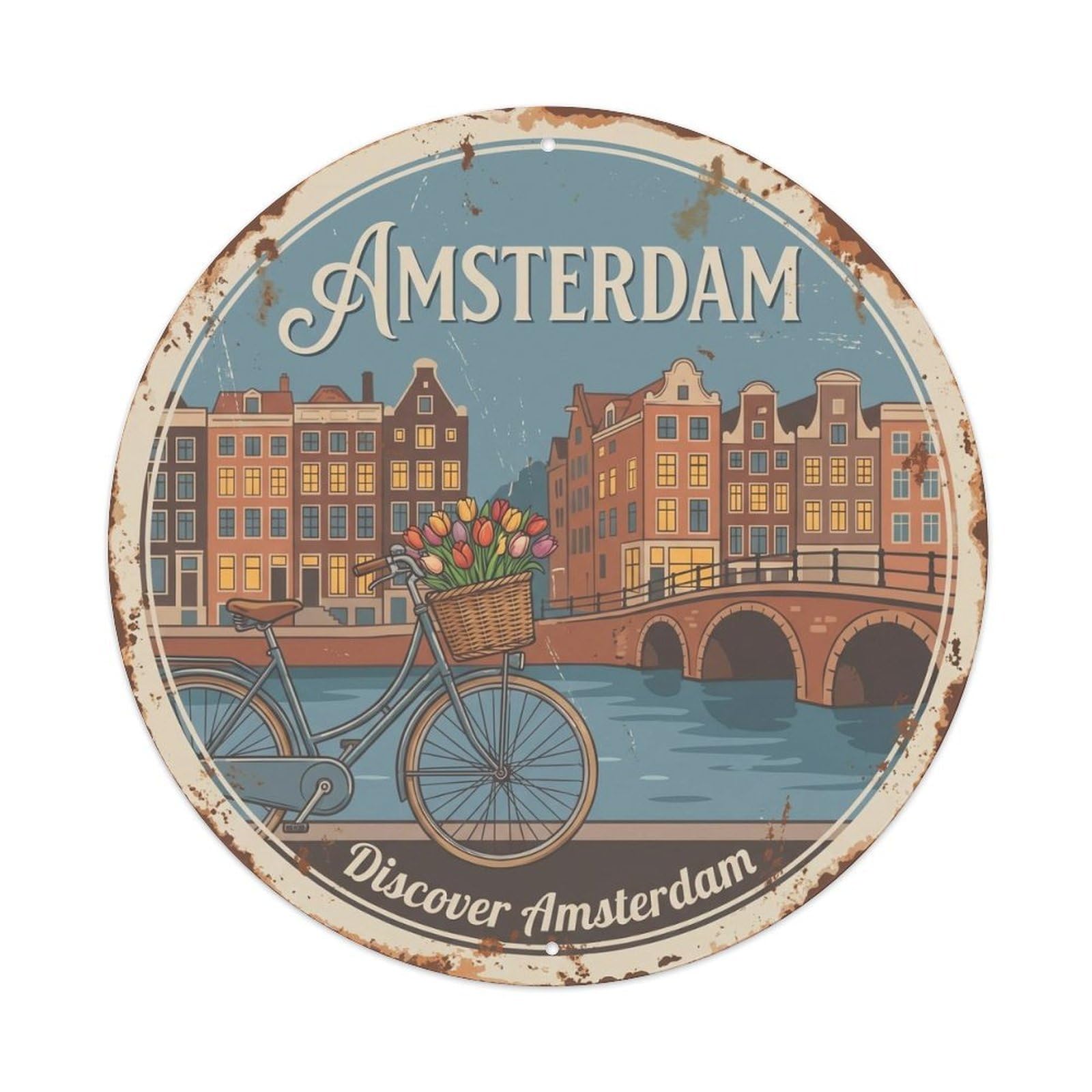 Amsterdam Dutch Bicycle Vintage Canal Travel City Heritage Metal Tin Sign Plaque Wall Decor for Cafe, Man Cave, Club Bar, Office, Home Garden Round Metal Poster 8x8Inch